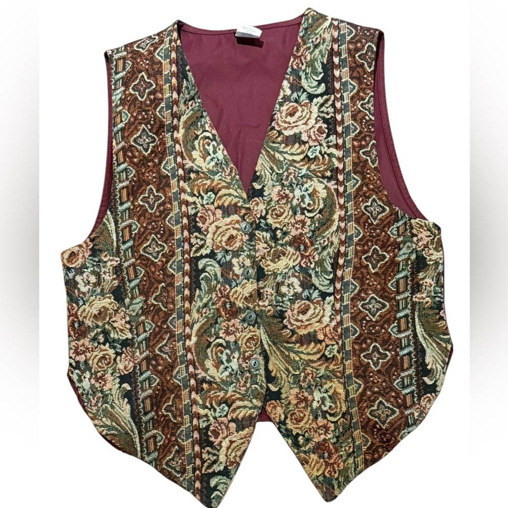 Vintage Hunt Club Burgundy Tapestry Button Up Vest Womens Large